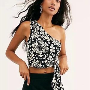 Free People Black and Cream Floral One-Shoulder Crop Top